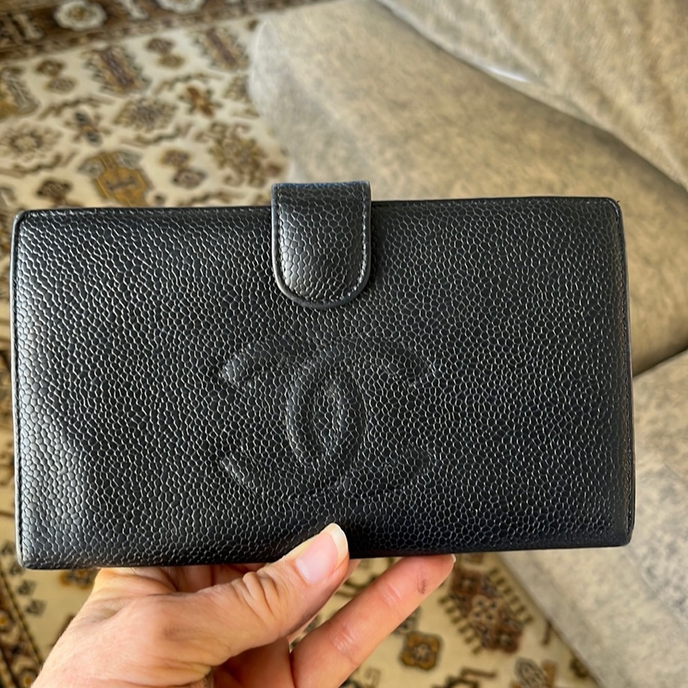 Chanel black Caviar long wallet classic caviar leather with kiss lock